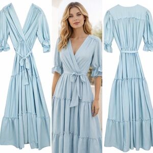 Kasia Blue Wrap Midi Dress Tie Waist Ruffle Boho Size M